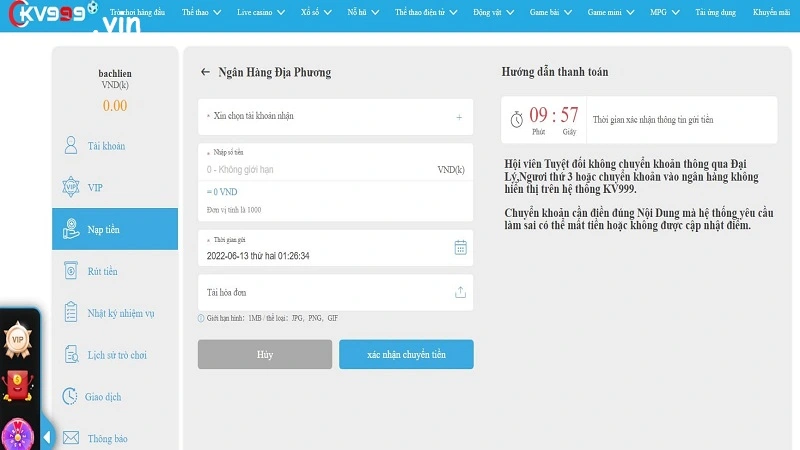 Những lưu ý quan trọng khi nạp tiền Kv999